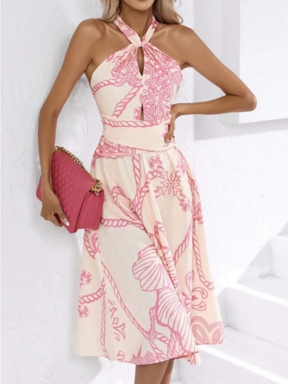 Pink Rope Print Cut Out Halter Dress Size 2